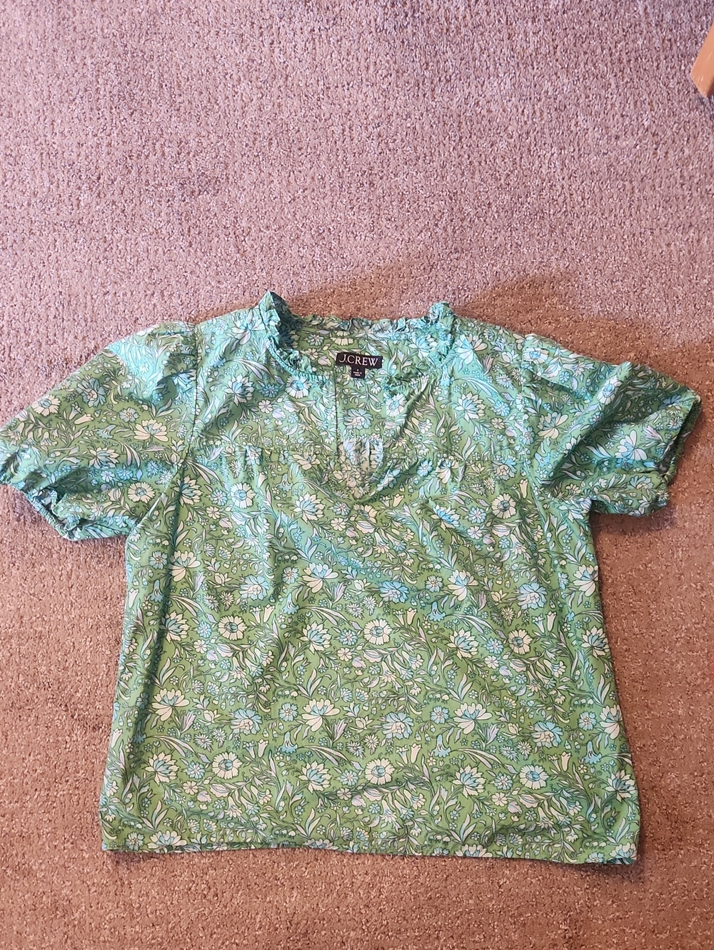 J. Crew Green Floral V-Neck Short Sleeve Top